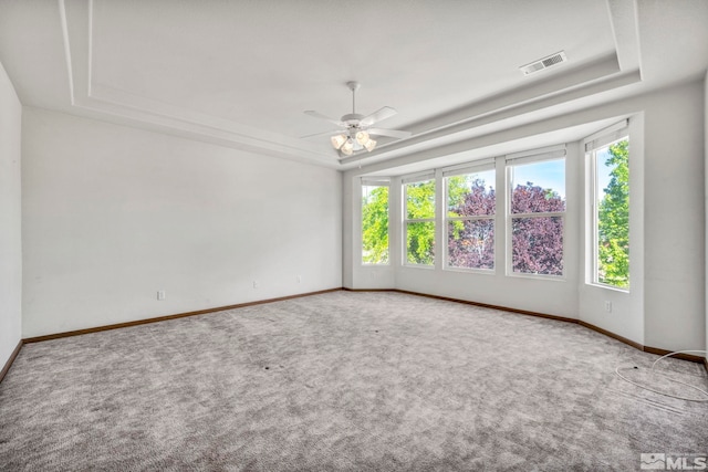 unfurnished room with carpet, ceiling fan, and a raised ceiling