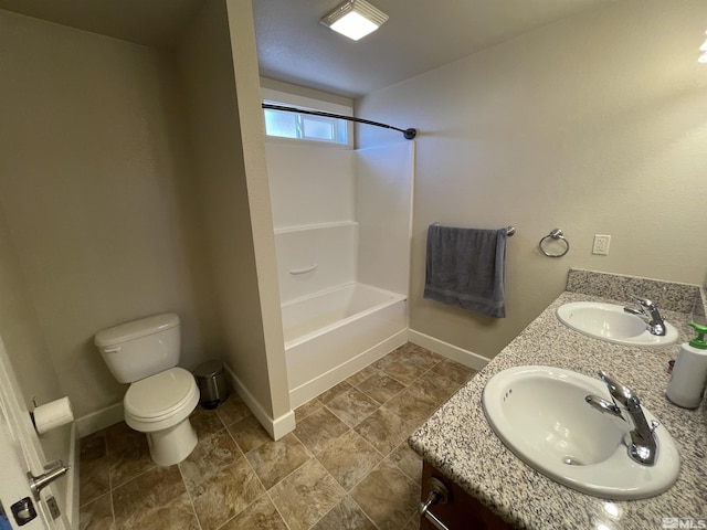 full bathroom featuring vanity, toilet, and bathing tub / shower combination