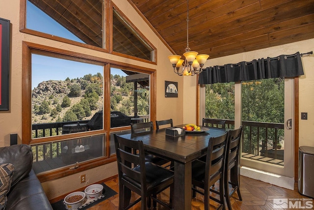 dining area with wooden ceiling, high vaulted ceiling, parquet floors, and a notable chandelier