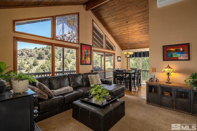 carpeted living room featuring beam ceiling, wooden ceiling, high vaulted ceiling, and a notable chandelier