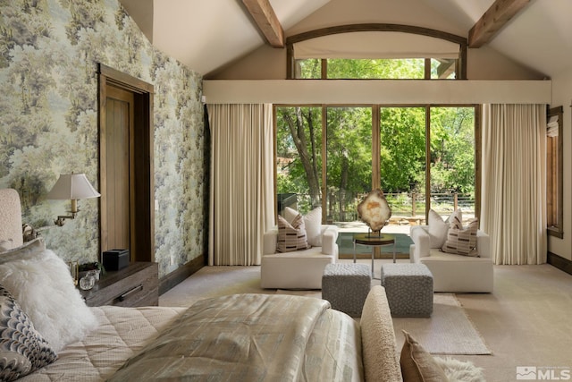 bedroom with light carpet and vaulted ceiling