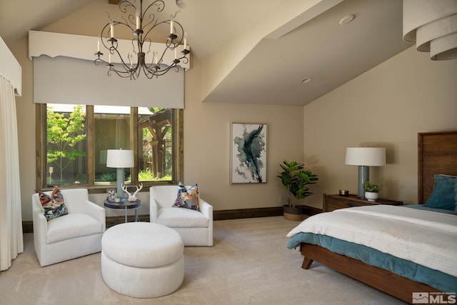 bedroom with light carpet, lofted ceiling, and a notable chandelier