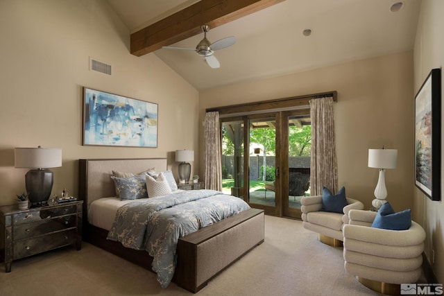 bedroom featuring ceiling fan, light carpet, access to outside, and lofted ceiling with beams