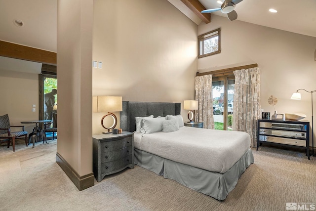 bedroom with ceiling fan, light colored carpet, high vaulted ceiling, and beamed ceiling