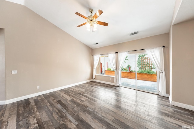 unfurnished room with ceiling fan, dark hardwood / wood-style floors, and vaulted ceiling