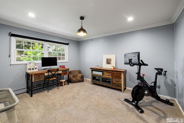 carpeted home office with a baseboard radiator and ornamental molding