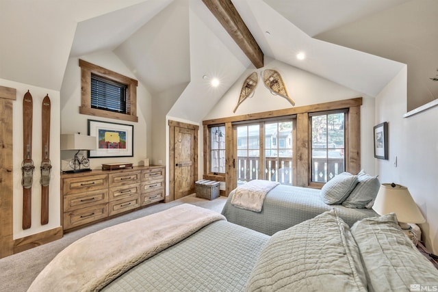 carpeted bedroom featuring access to exterior, beam ceiling, and high vaulted ceiling