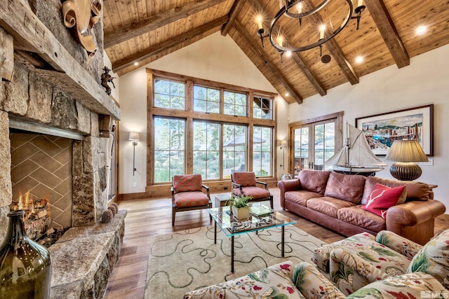 living room with a stone fireplace, high vaulted ceiling, wood ceiling, and light wood-type flooring