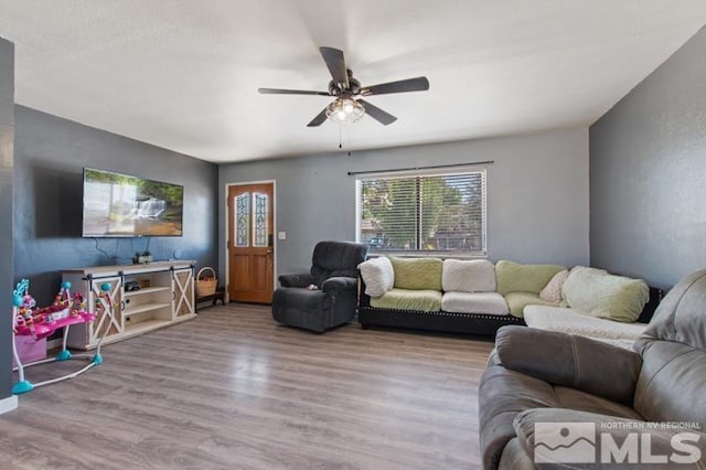 living room with light hardwood / wood-style floors and ceiling fan