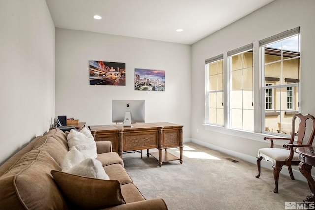 carpeted office featuring visible vents, baseboards, and recessed lighting