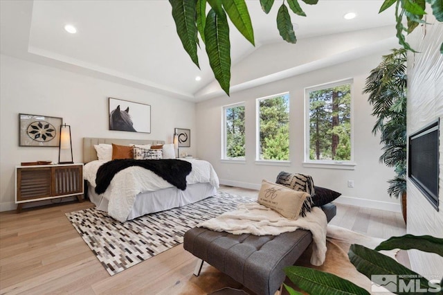 bedroom featuring light hardwood / wood-style floors and vaulted ceiling