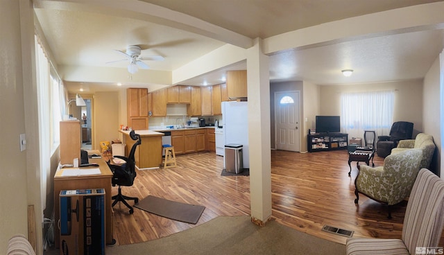 living room featuring ceiling fan, light wood-type flooring, and sink