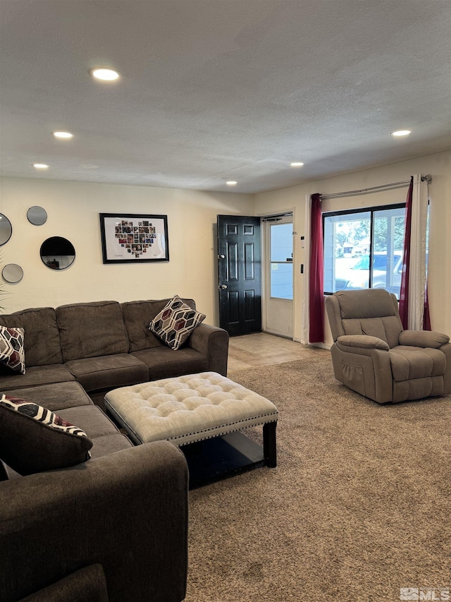 living room featuring carpet flooring and a textured ceiling