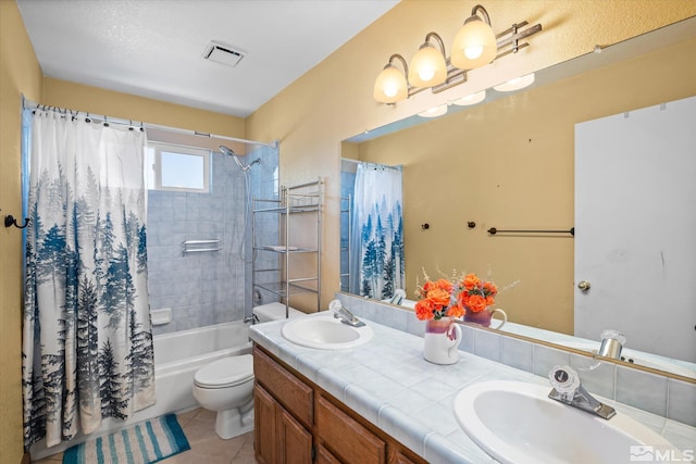 full bathroom featuring toilet, shower / bath combo, tile patterned flooring, and double vanity