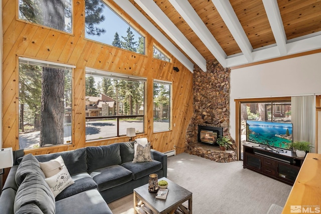 living room featuring wood walls, high vaulted ceiling, carpet flooring, beamed ceiling, and wood ceiling