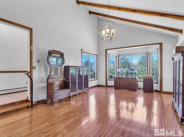 interior space featuring baseboard heating, wood-type flooring, high vaulted ceiling, beamed ceiling, and a chandelier