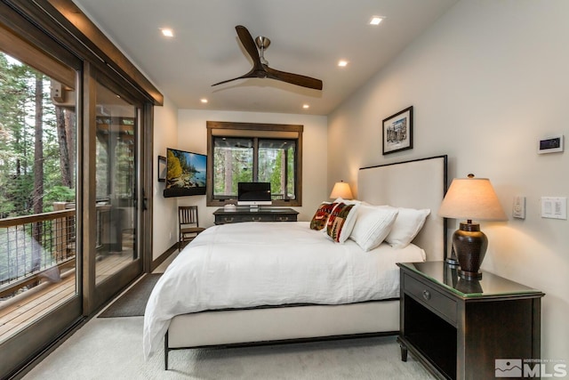 bedroom with multiple windows, access to outside, and ceiling fan