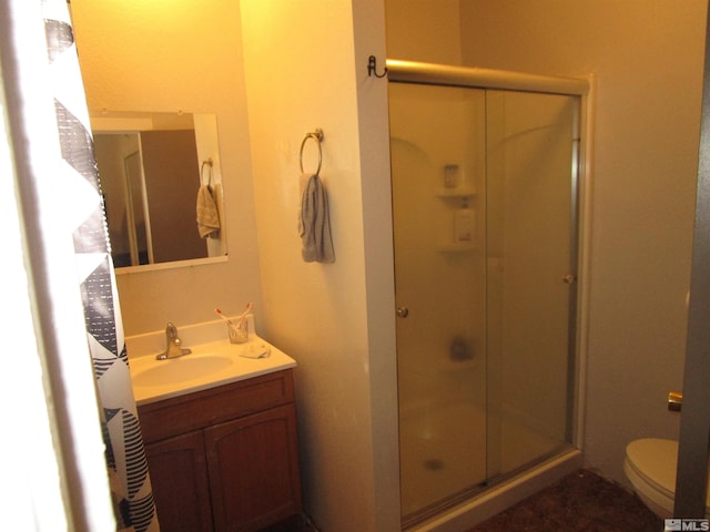 bathroom featuring vanity, toilet, and a shower stall