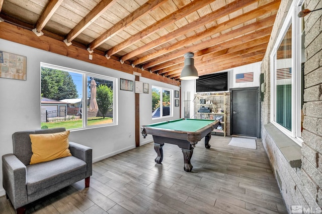 recreation room featuring wood ceiling, beam ceiling, and billiards