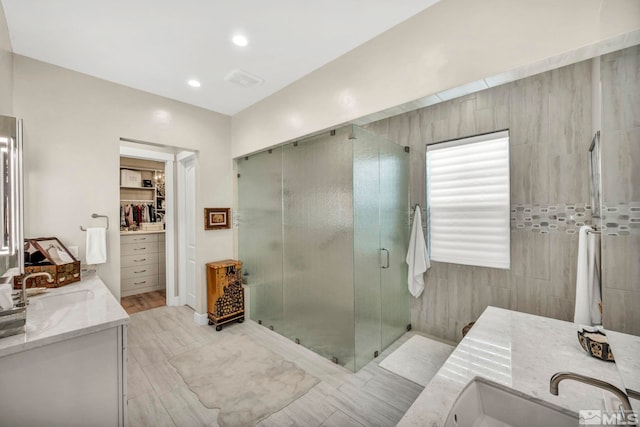 bathroom featuring vanity and walk in shower