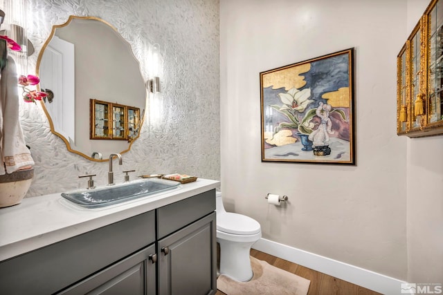 bathroom featuring hardwood / wood-style flooring, vanity, and toilet