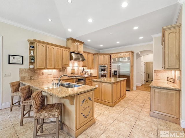 kitchen with a center island, sink, kitchen peninsula, stainless steel appliances, and a breakfast bar area