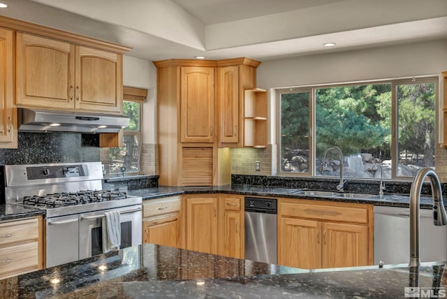 kitchen with backsplash, stainless steel appliances, dark stone countertops, plenty of natural light, and range hood