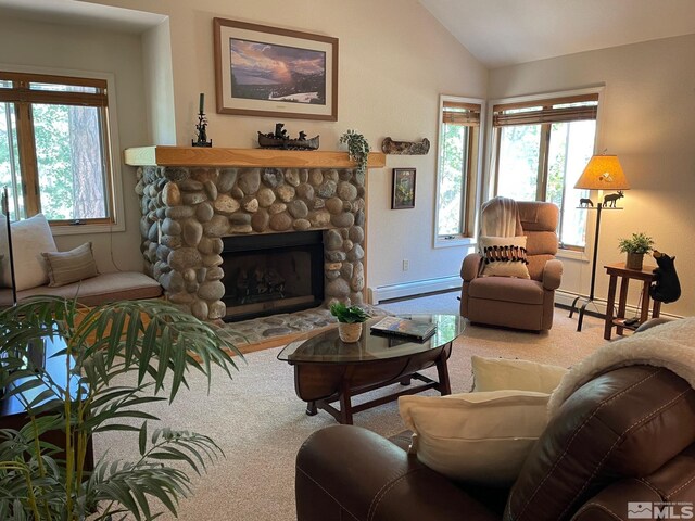 living room featuring carpet floors, a fireplace, a baseboard heating unit, and lofted ceiling