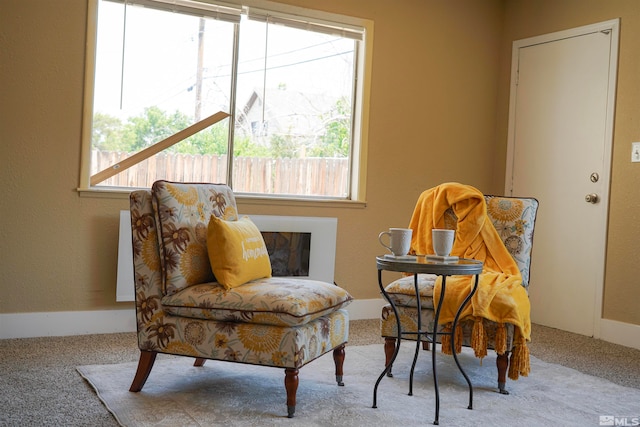 living area featuring plenty of natural light and light carpet