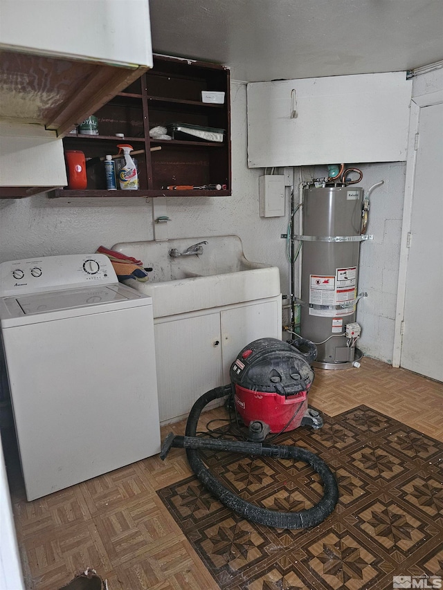 washroom featuring washer / clothes dryer, light parquet flooring, and strapped water heater