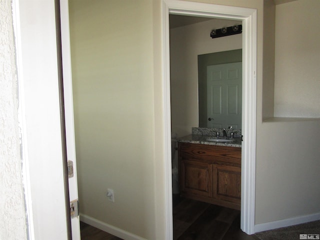 bathroom featuring hardwood / wood-style floors and vanity