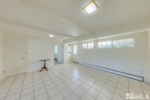 tiled empty room with a baseboard radiator and beamed ceiling