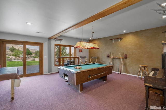 playroom with beamed ceiling, light colored carpet, and billiards