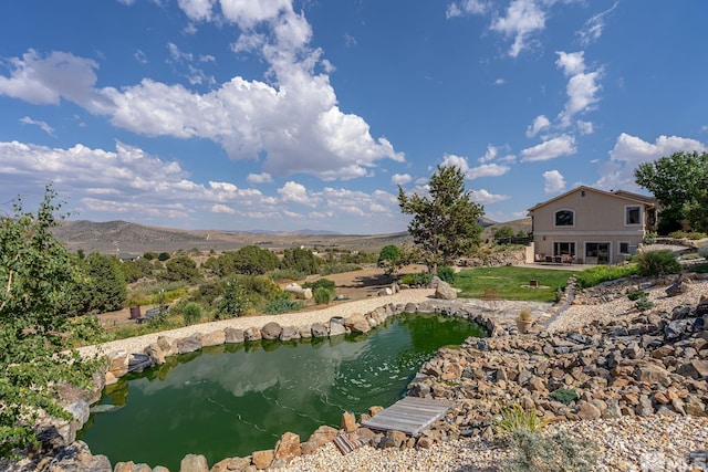 birds eye view of property featuring a mountain view