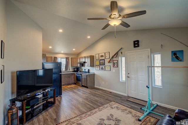 living room with lofted ceiling, ceiling fan, and dark hardwood / wood-style floors