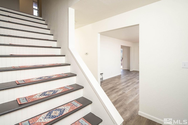 stairway with hardwood / wood-style floors