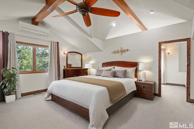 carpeted bedroom with ceiling fan, vaulted ceiling with beams, and a wall mounted AC