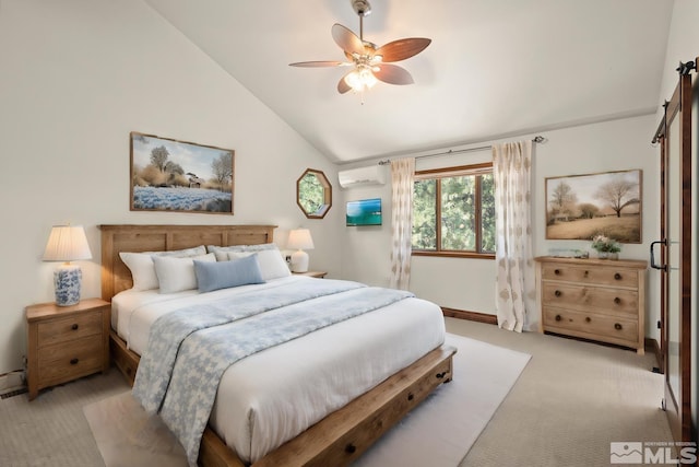 carpeted bedroom with lofted ceiling, a wall mounted AC, and ceiling fan