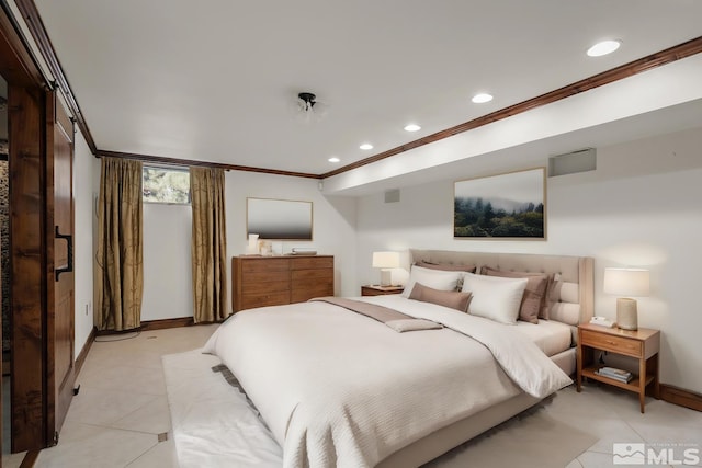 bedroom with light tile patterned floors and ornamental molding