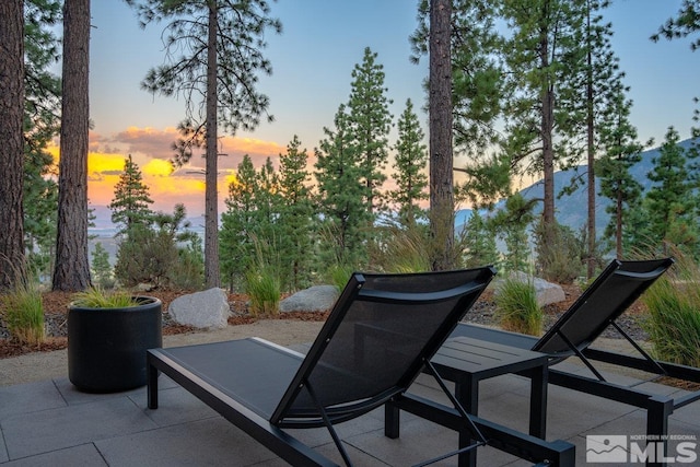 view of patio terrace at dusk