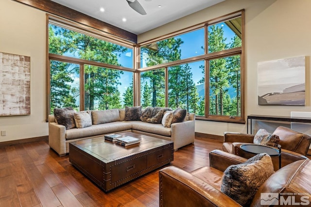 living room with dark hardwood / wood-style floors and ceiling fan