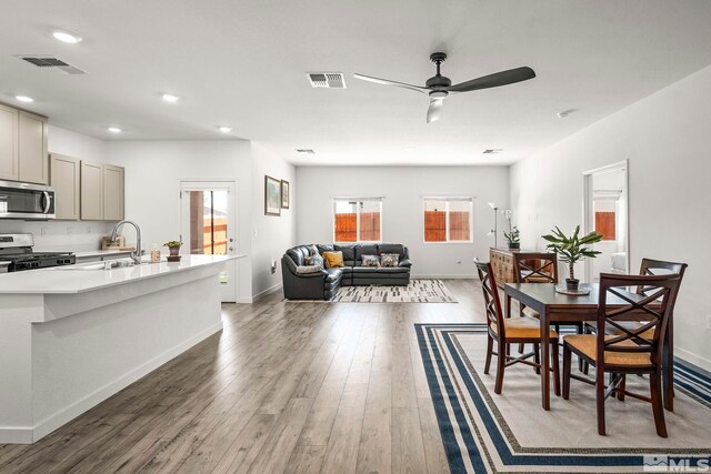 dining area with a wealth of natural light, sink, ceiling fan, and hardwood / wood-style floors