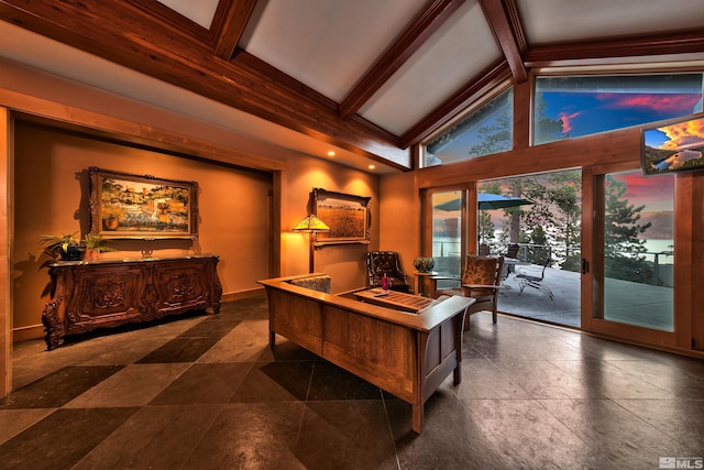 tiled office space featuring beam ceiling and high vaulted ceiling