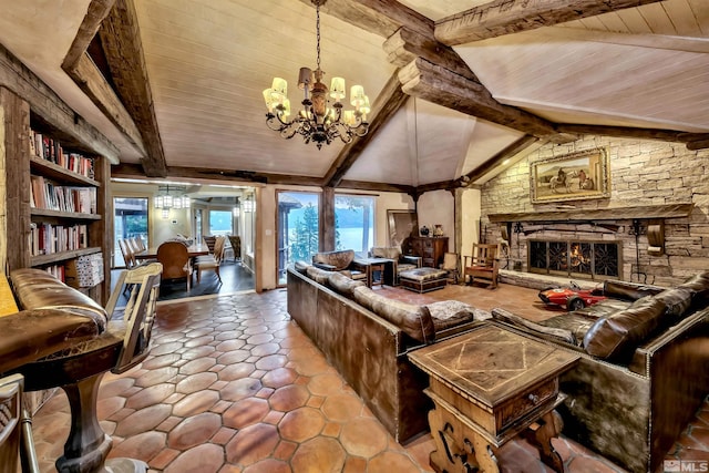 living room with vaulted ceiling with beams, a chandelier, wood ceiling, tile patterned floors, and a stone fireplace