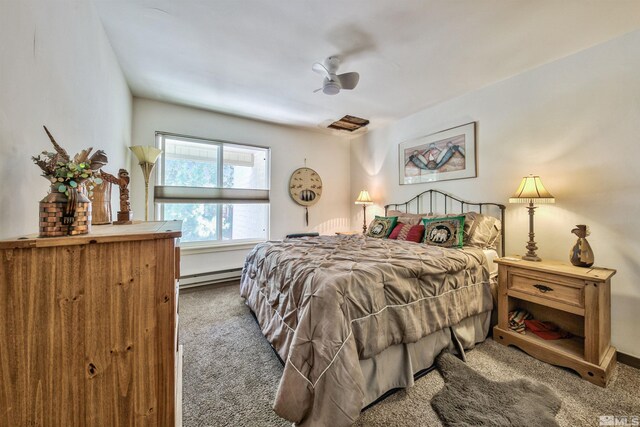 bedroom featuring carpet flooring, a baseboard radiator, and ceiling fan