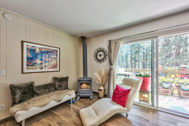 living room with a wood stove and light hardwood / wood-style flooring