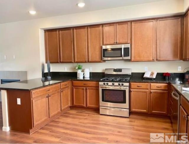 kitchen with stainless steel appliances, light hardwood / wood-style flooring, and kitchen peninsula