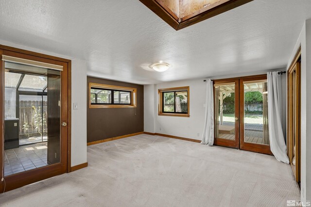 carpeted empty room with a healthy amount of sunlight and a textured ceiling