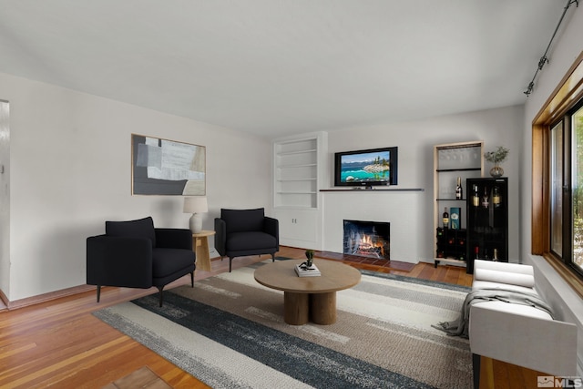 living room with a brick fireplace and hardwood / wood-style flooring