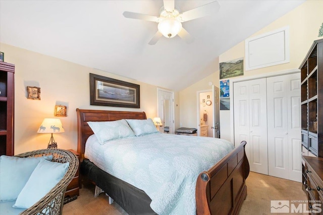 carpeted bedroom with ceiling fan and lofted ceiling